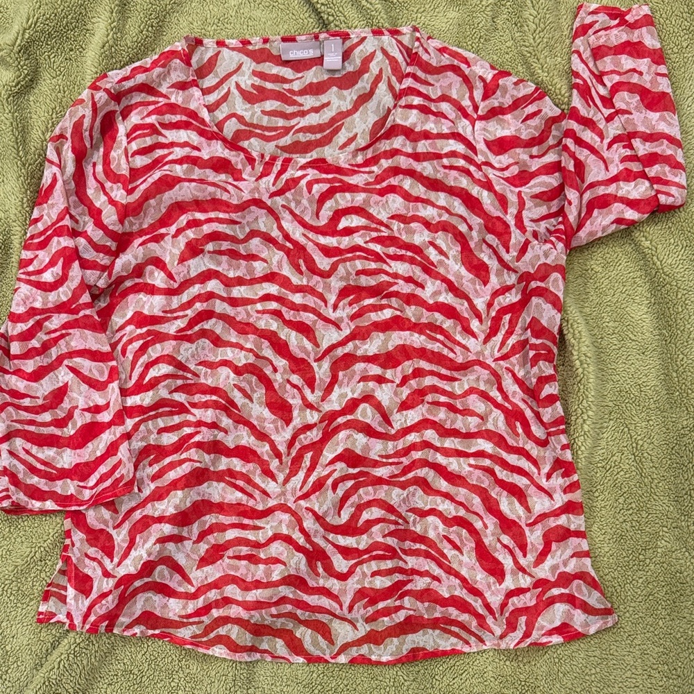 Chico's Vibrant Red and White Patterned Long Sleeve Sheer Top Size 1(M)